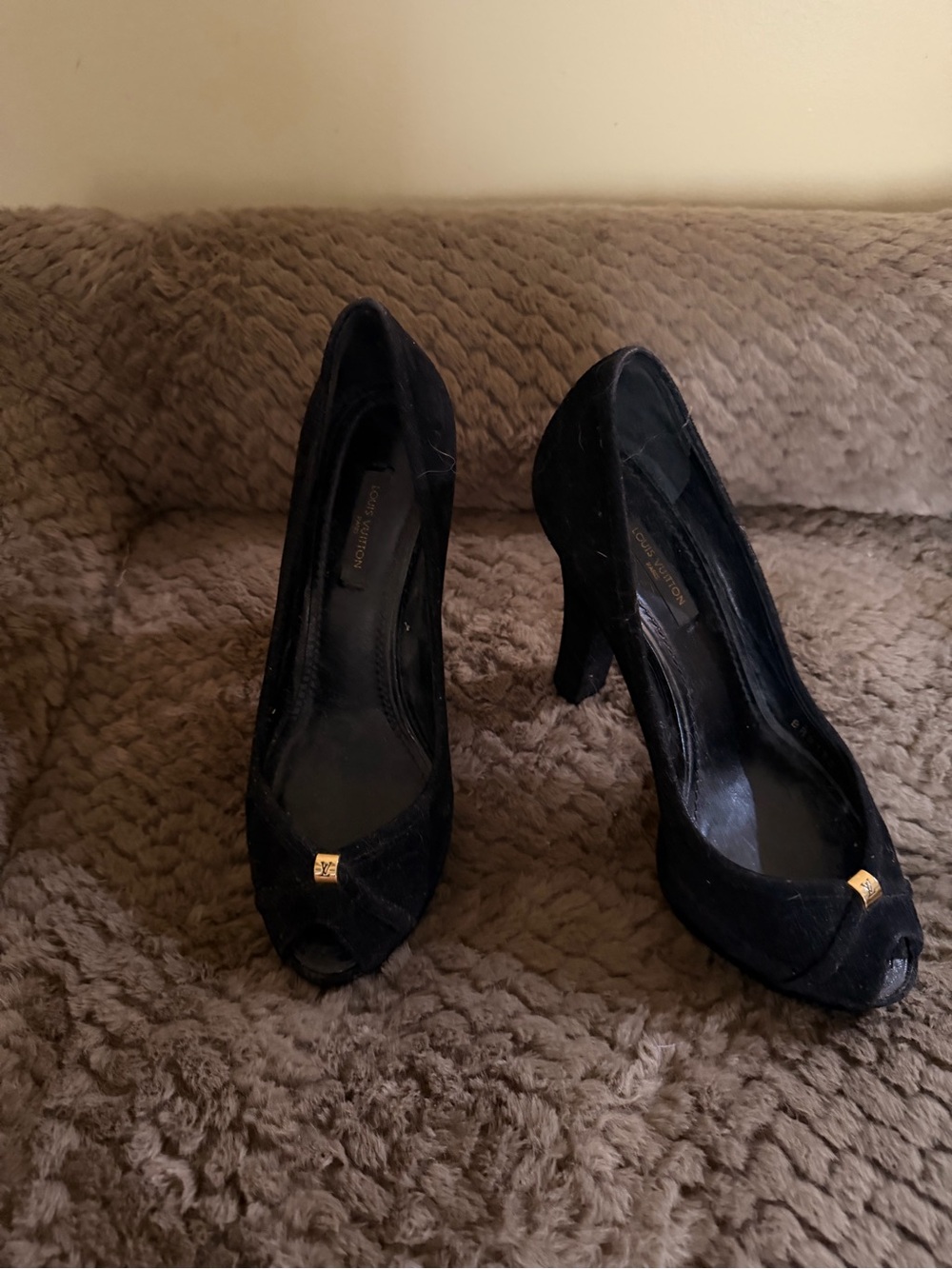 Louis Vuitton Black Suede Peep-Toe Heels with Gold Accent